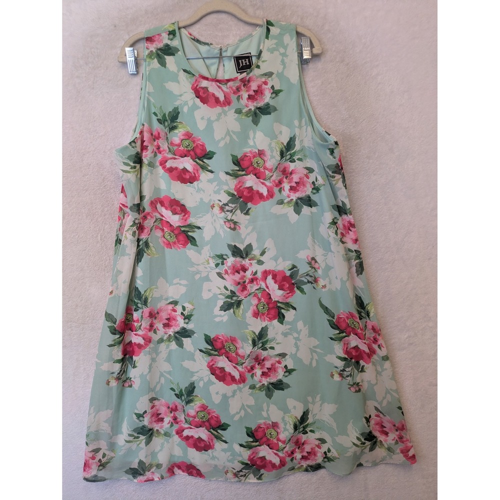 JH Shift Dress Women's 16 Mint Green Pink Floral Sleeveless Round‎ Neck Keyhole